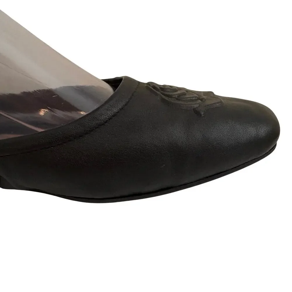 Taryn Rose Rosalyn Black Napa Leather Flower Ballet Flats Shoes Feminine
